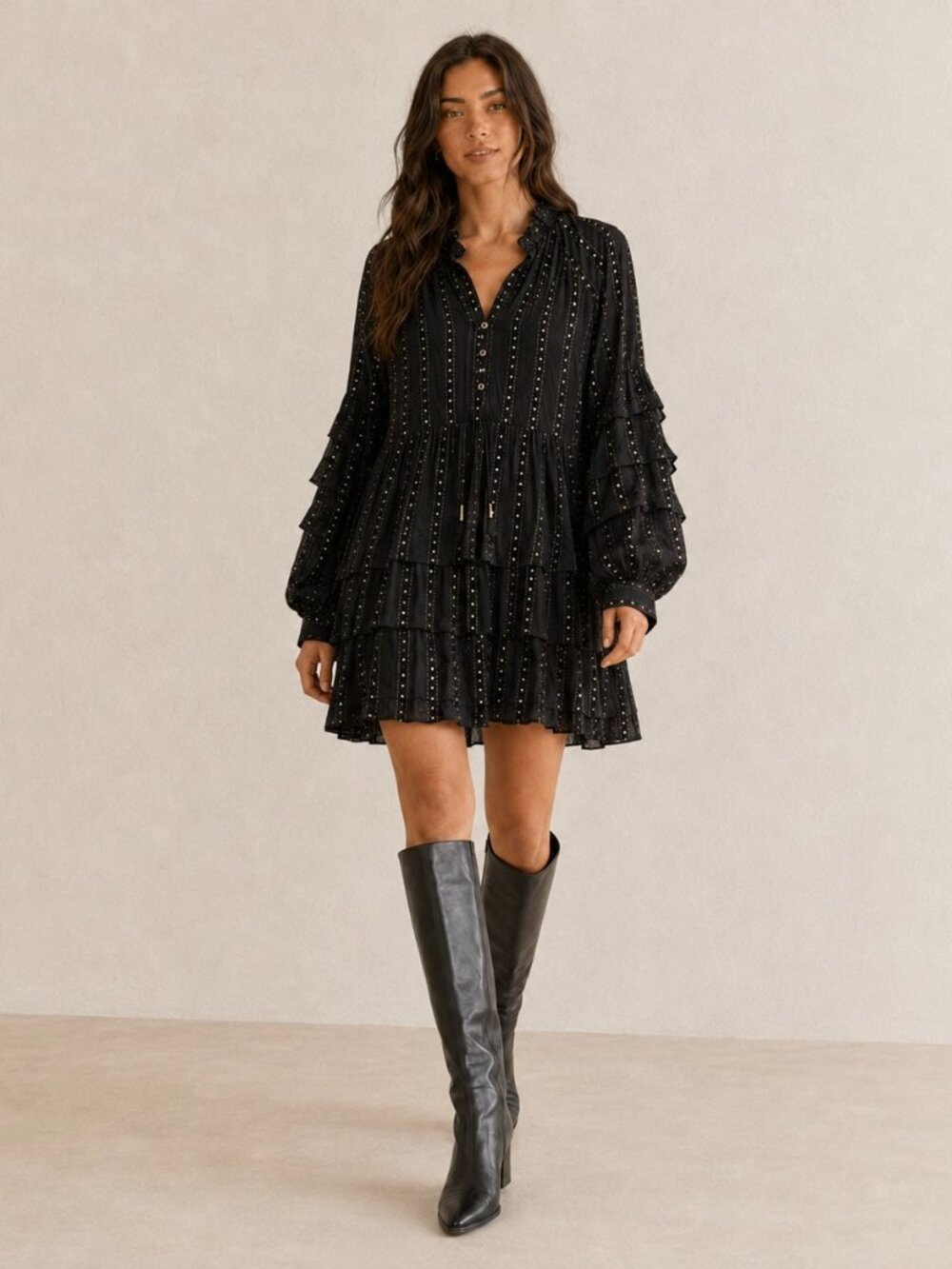 Anthropologie Black Tiered Mini Dress with Subtle Gold Dots